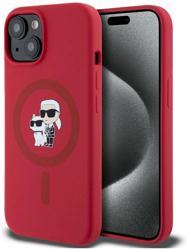 Karl Lagerfeld silikoninis Karl&Choupette Heads Ring MagSafe iPhone 15 dėklas - Raudona