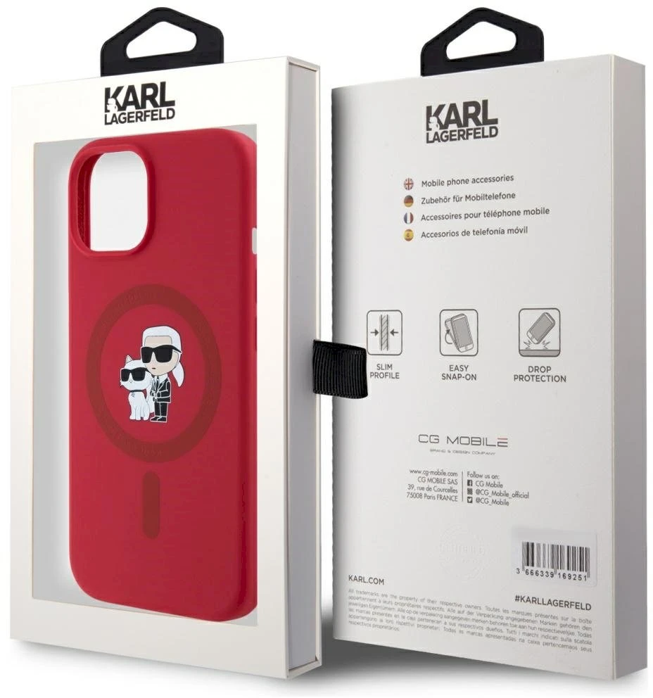 Karl Lagerfeld silikoninis Karl&Choupette Heads Ring MagSafe iPhone 15 dėklas - Raudona