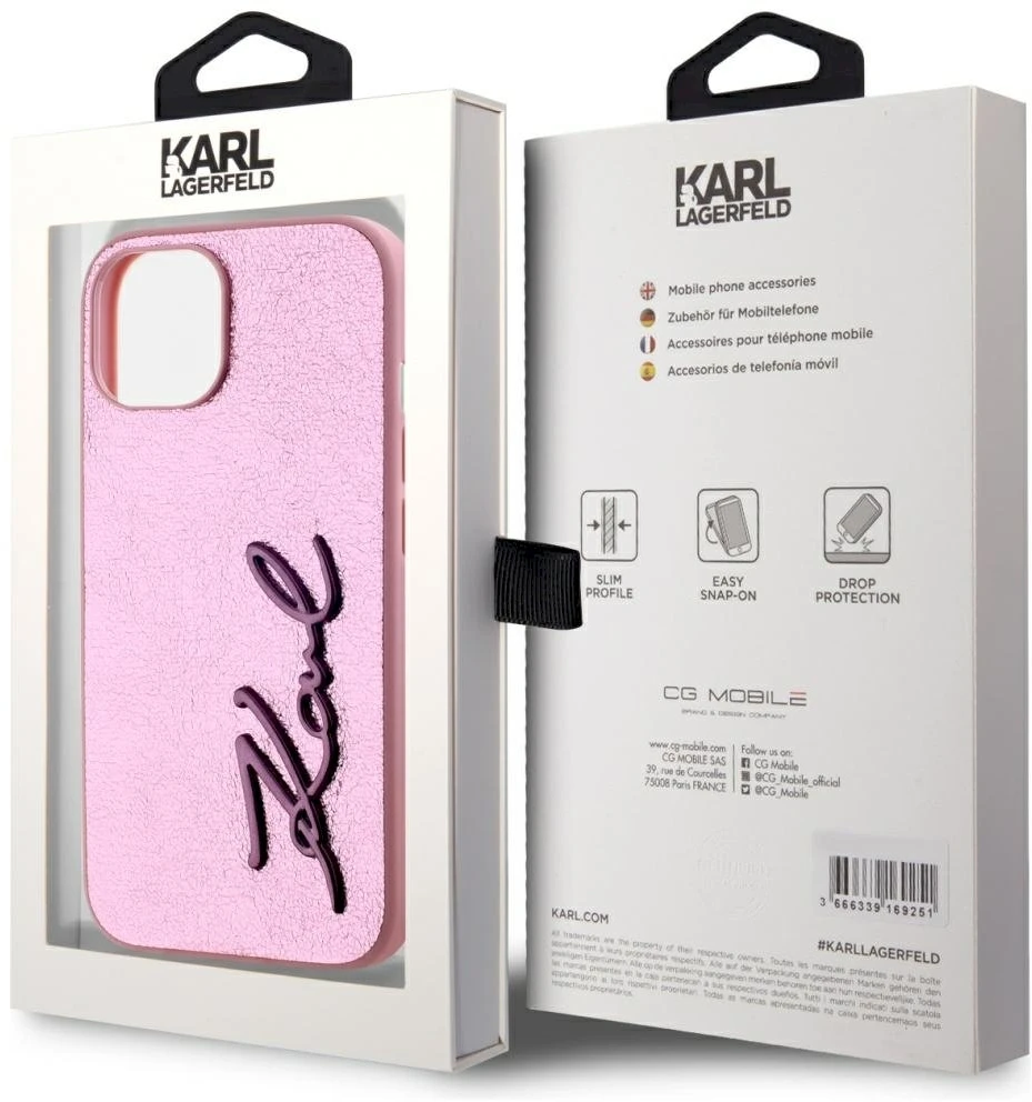 Dėklas Karl Lagerfeld Wrinkled Metal Signature Apple iPhone 15 rožinės spalvos