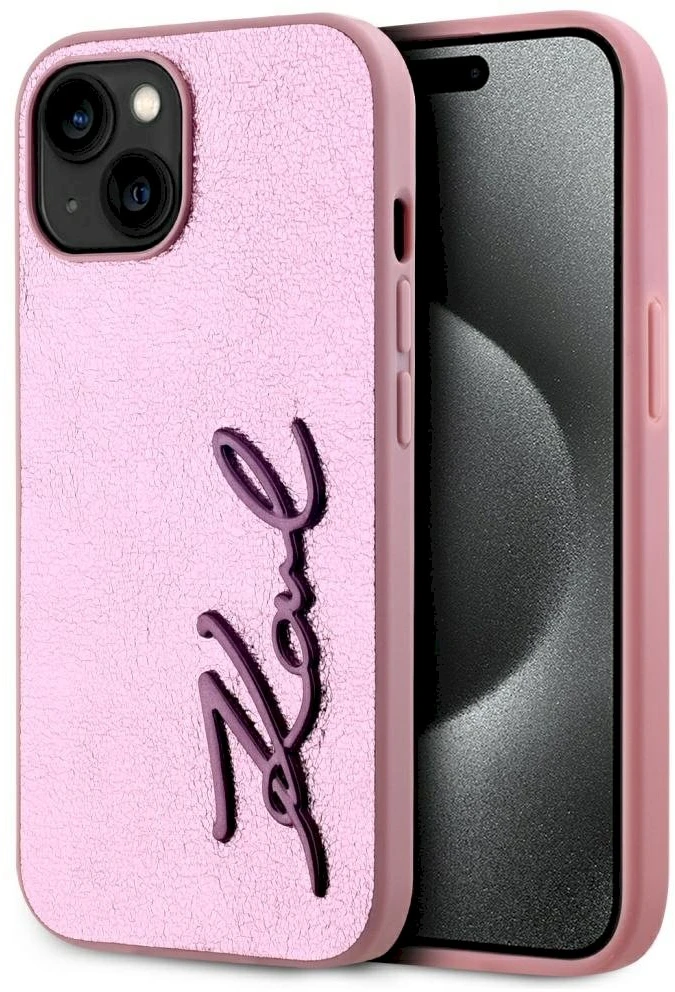 Dėklas Karl Lagerfeld Wrinkled Metal Signature Apple iPhone 15 rožinės spalvos