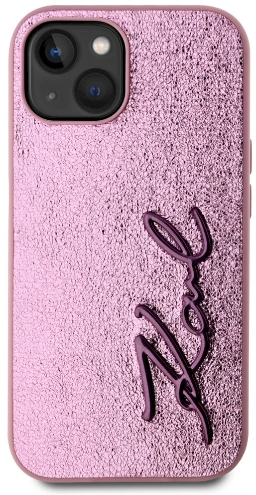 Dėklas Karl Lagerfeld Wrinkled Metal Signature Apple iPhone 15 rožinės spalvos