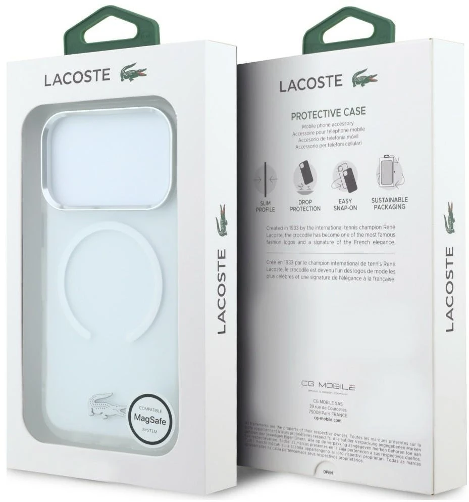 Lacoste IML Frosted Petit Pique Metal Logo MagSafe dėklas, skirtas iPhone 18 Pro Max, skaidrus