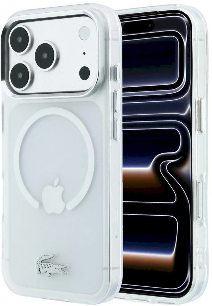 Lacoste IML Frosted Petit Pique Metal Logo MagSafe dėklas, skirtas iPhone 18 Pro Max, skaidrus