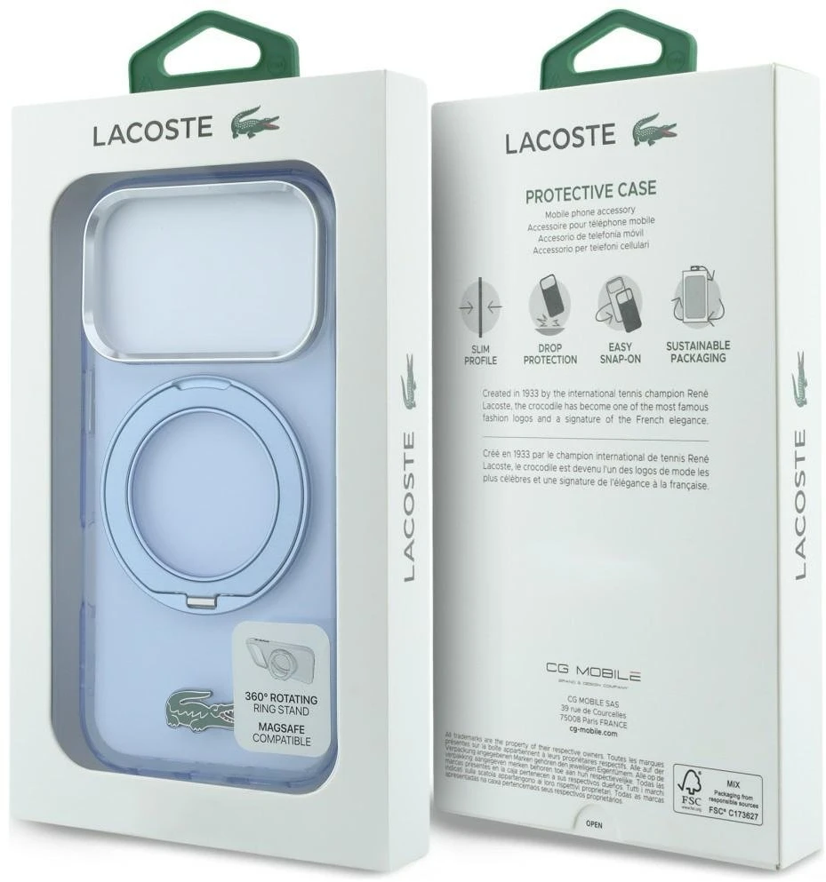 Dėklas Lacoste IML blizgus paviršius su žiediniu stovu MagSafe, skirtas iPhone 18 Pro Max / 17 Pro Max / mėlyna