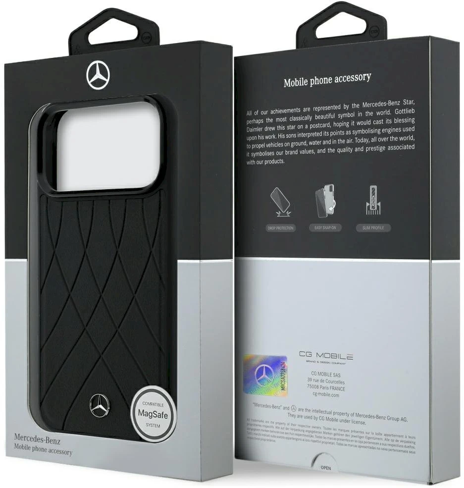 Dėklas Mercedes Leather Crossed Lines MagSafe, skirtas iPhone 18 Pro Max / 17 Pro Max, juodas