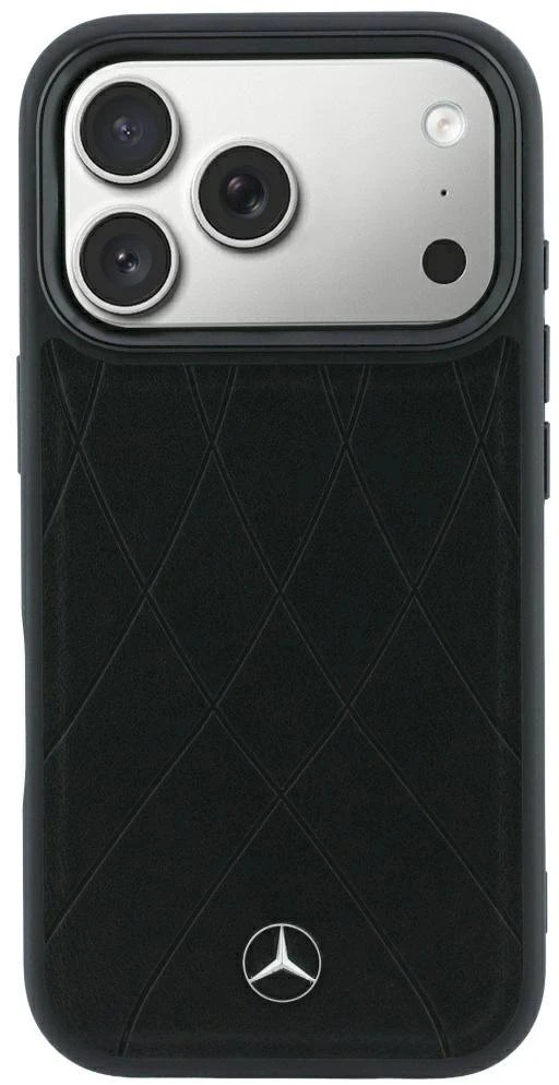 Dėklas Mercedes Leather Crossed Lines MagSafe, skirtas iPhone 18 Pro / 17 Pro, juodas