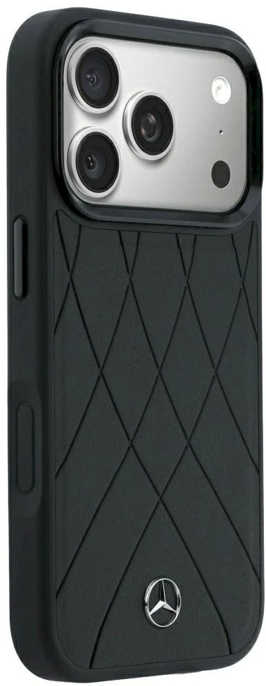 Dėklas Mercedes Leather Crossed Lines MagSafe, skirtas iPhone 18 Pro / 17 Pro, juodas