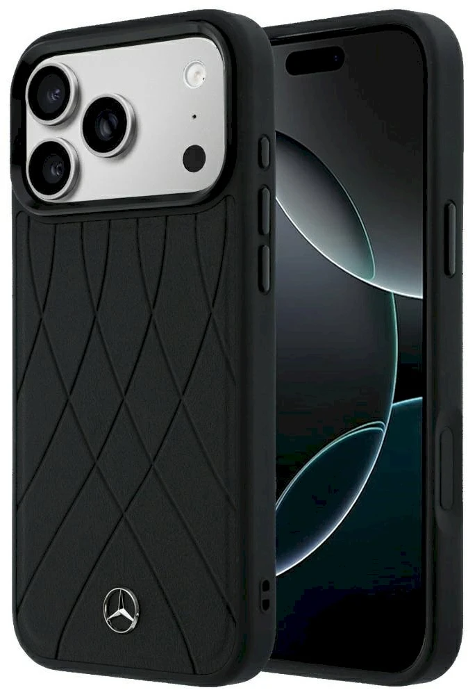 Dėklas Mercedes Leather Crossed Lines MagSafe, skirtas iPhone 18 Pro Max / 17 Pro Max, juodas