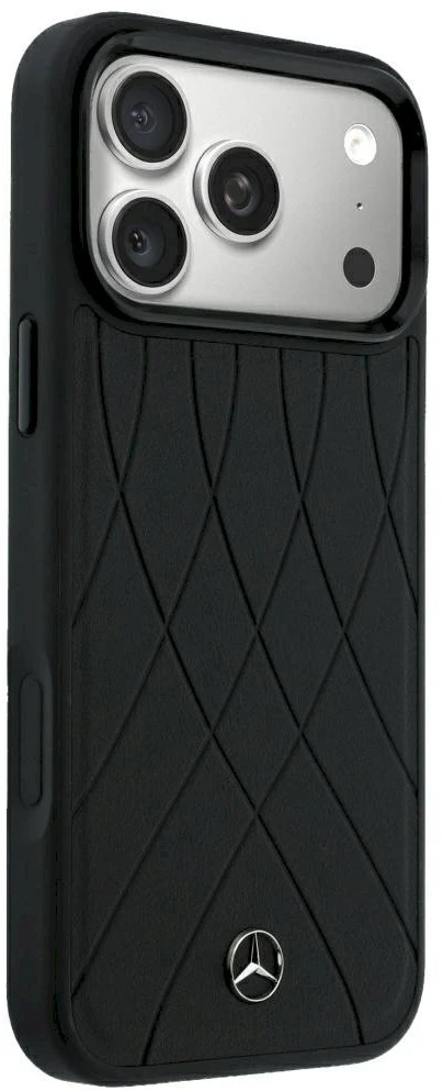 Dėklas Mercedes Leather Crossed Lines MagSafe, skirtas iPhone 18 Pro Max / 17 Pro Max, juodas