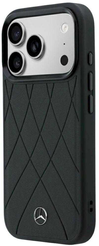Dėklas Mercedes Leather Crossed Lines MagSafe, skirtas iPhone 18 Pro / 17 Pro, juodas
