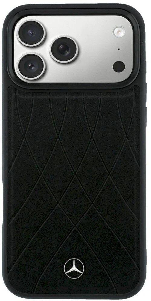 Dėklas Mercedes Leather Crossed Lines MagSafe, skirtas iPhone 18 Pro Max / 17 Pro Max, juodas