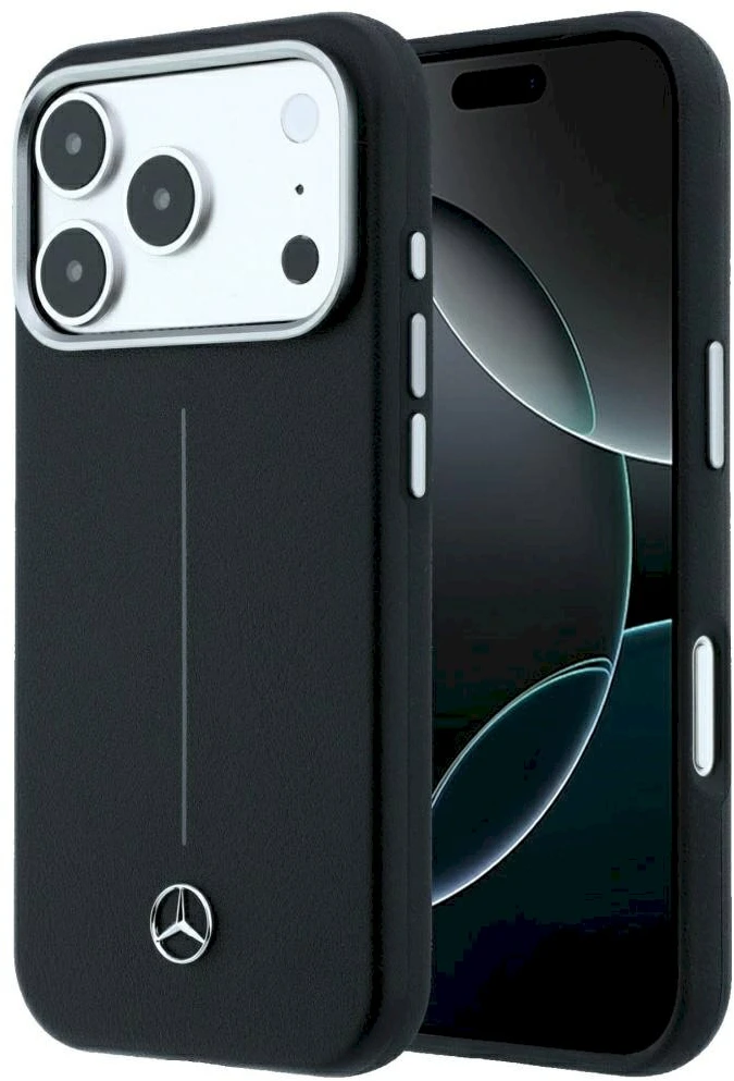 Dėklas Mercedes Leather Semi Wrap Iconic Line MagSafe Case, skirtas iPhone 18 Pro Max / 17 Pro Max - Juodos spalvos