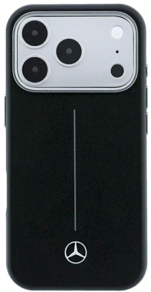 Dėklas Mercedes Leather Semi Wrap Iconic Line MagSafe Case, skirtas iPhone 18 Pro Max / 17 Pro Max - Juodos spalvos