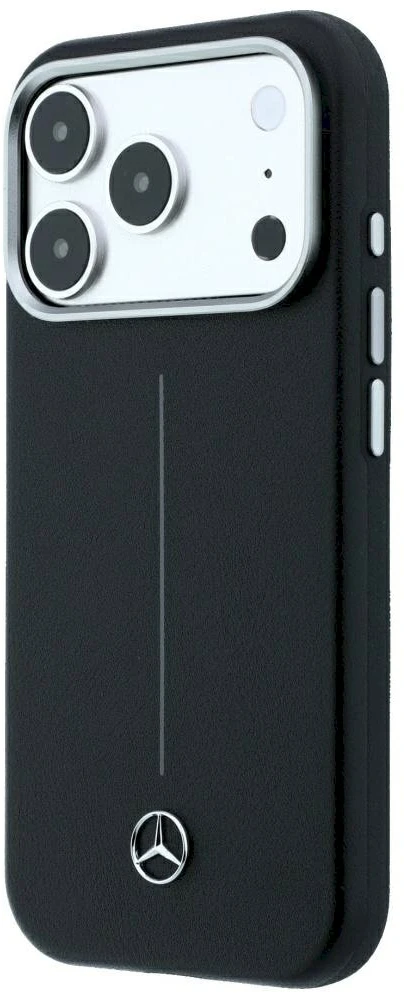 Dėklas Mercedes Leather Semi Wrap Iconic Line MagSafe Case, skirtas iPhone 18 Pro Max / 17 Pro Max - Juodos spalvos