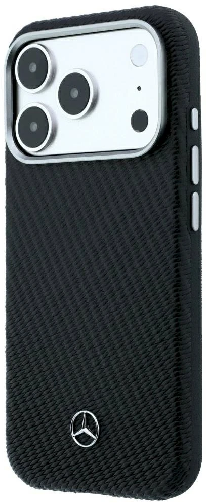 Dėklas Mercedes Leather Semi Wrap Wood Effect MagSafe, skirtas iPhone 18 Pro Max / 17 Pro Max, juodas