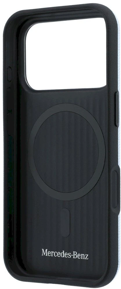 Dėklas Mercedes Leather Semi Wrap Wood Effect MagSafe, skirtas iPhone 18 Pro Max / 17 Pro Max, mėlynas