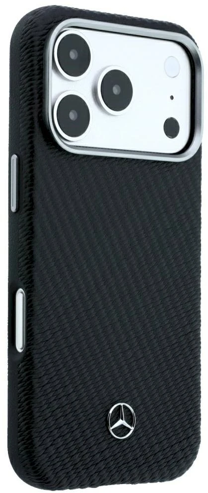 Dėklas Mercedes Leather Semi Wrap Wood Effect MagSafe, skirtas iPhone 18 Pro Max / 17 Pro Max, juodas