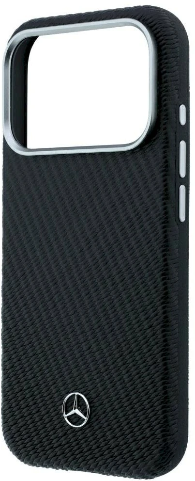 Dėklas Mercedes Leather Semi Wrap Wood Effect MagSafe, skirtas iPhone 18 Pro / 17 Pro, juodas