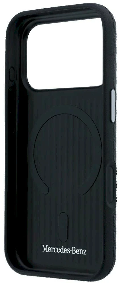 Dėklas Mercedes Leather Semi Wrap Wood Effect MagSafe, skirtas iPhone 18 Pro / 17 Pro, juodas