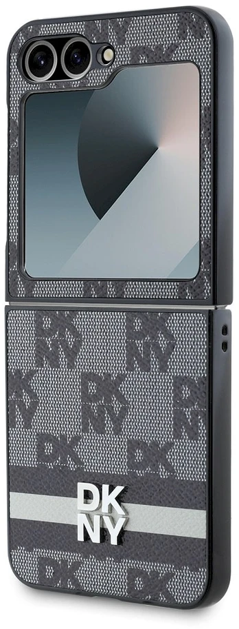 DKNY PU Leather Checkered Pattern and Stripe Samsung Galaxy Z Flip6 dėklas telefonui juodos spalvos