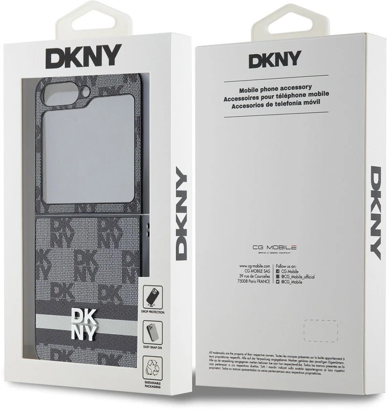 DKNY PU Leather Checkered Pattern and Stripe Samsung Galaxy Z Flip6 dėklas telefonui juodos spalvos