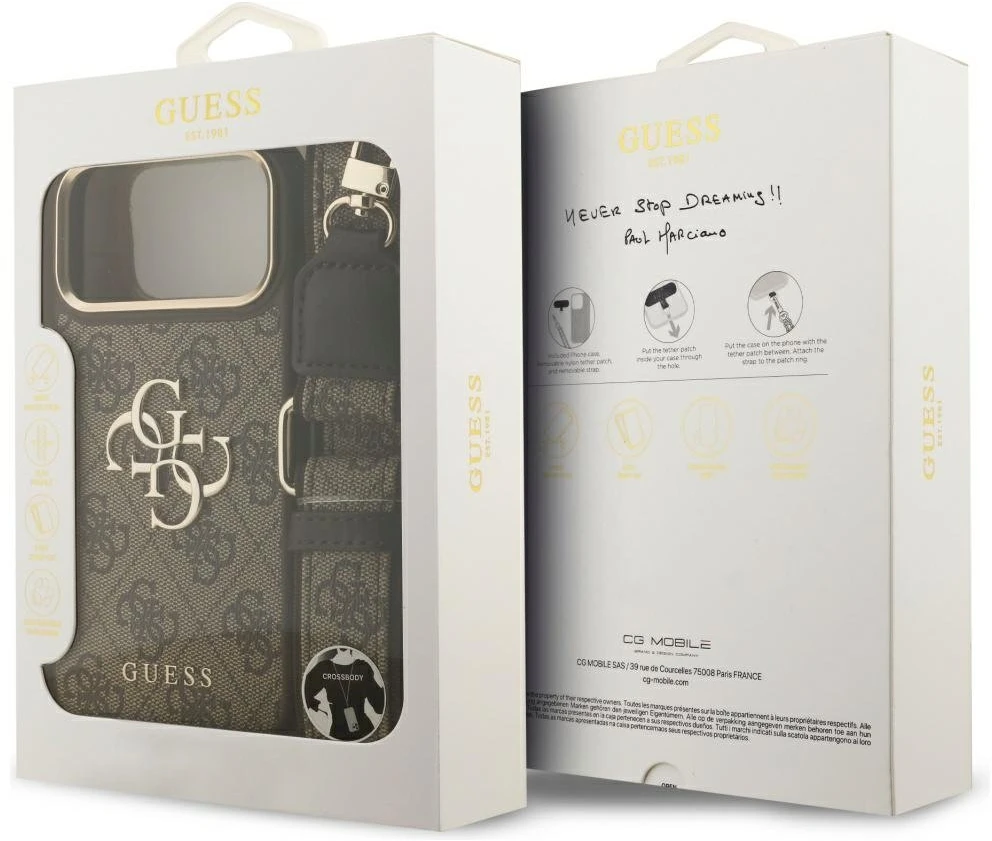 Guess 4G Big 4G Classic Logo Big Strap Metal Mygtukai dėklas skirtas Apple iPhone 17 Pro Max Brown