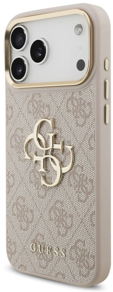 Guess 4G Big 4G Classic Logo Big Strap Metal Mygtukai dėklas skirtas Apple iPhone 17 Pro Max rožinės spalvos