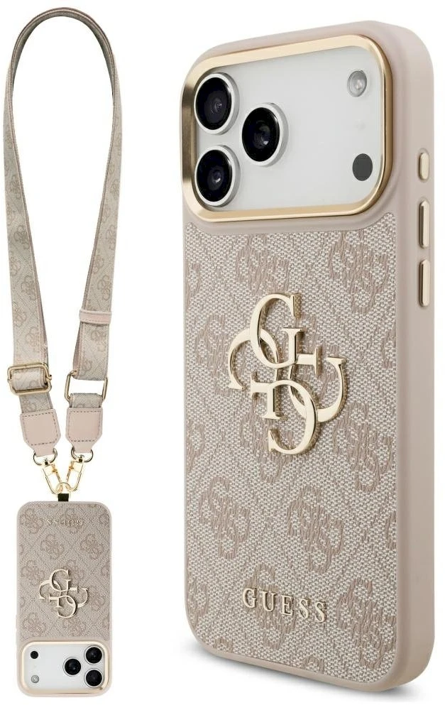 Guess 4G Big 4G Classic Logo Big Strap Metal Mygtukai dėklas skirtas Apple iPhone 17 Pro Max rožinės spalvos
