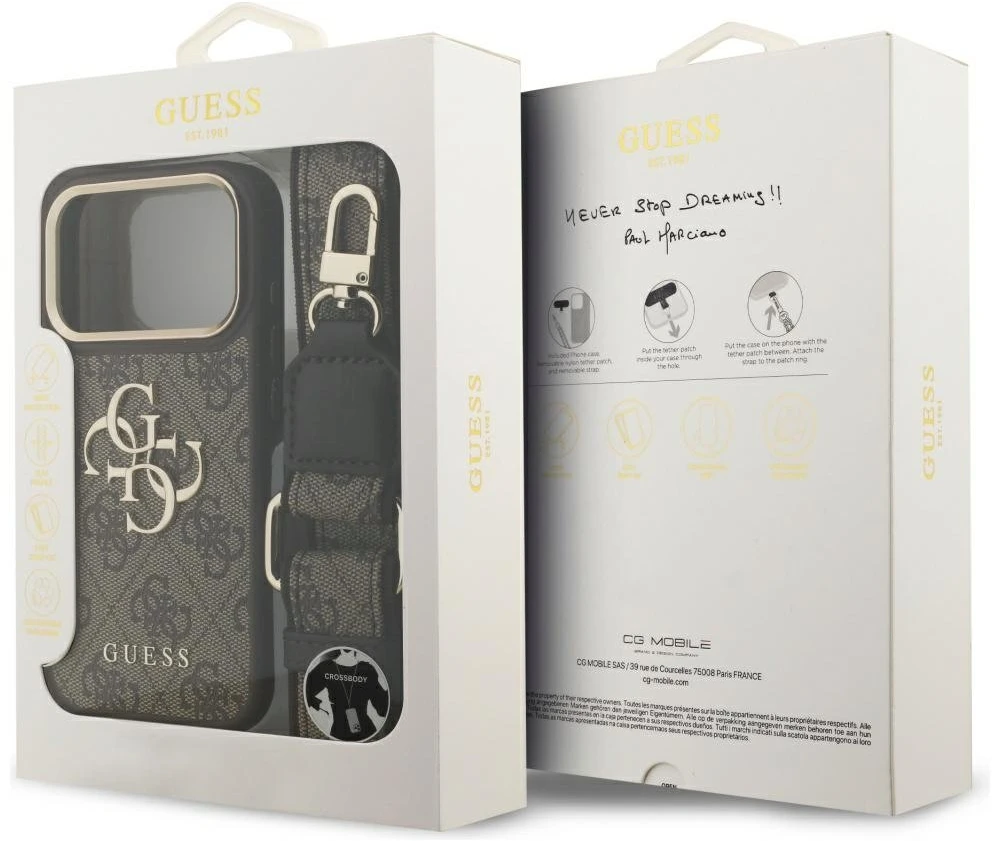 Guess 4G Big 4G Classic Logo Big Strap Metal Mygtukai dėklas skirtas Apple iPhone 17 Pro Brown