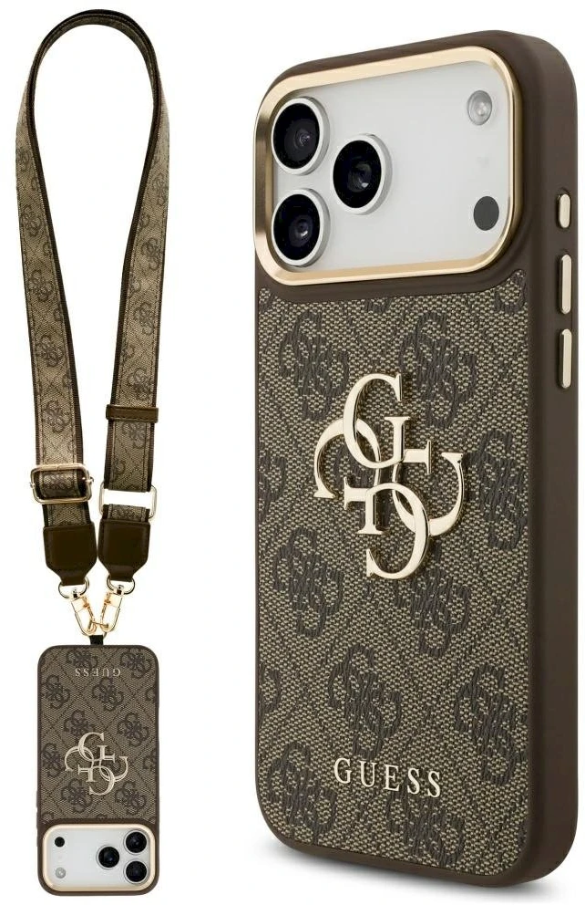 Guess 4G Big 4G Classic Logo Big Strap Metal Mygtukai dėklas skirtas Apple iPhone 17 Pro Max Brown