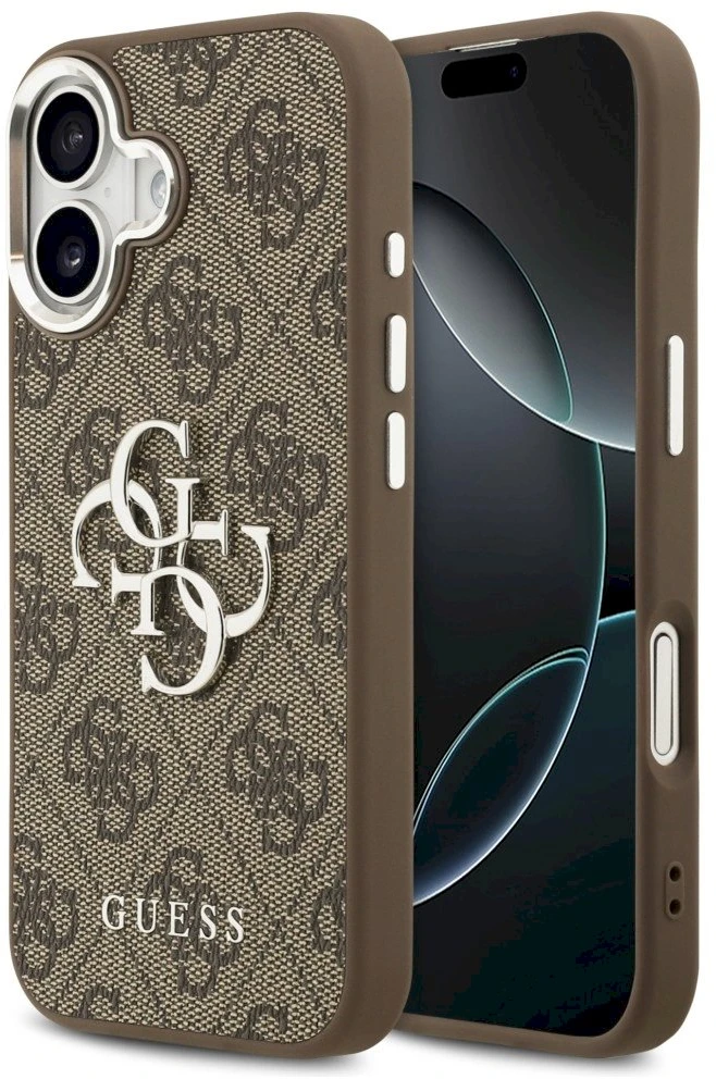 Guess 4G Big 4G Classic Logo dėklas skirtas Apple iPhone 17 rudos spalvos sidabro spalvos