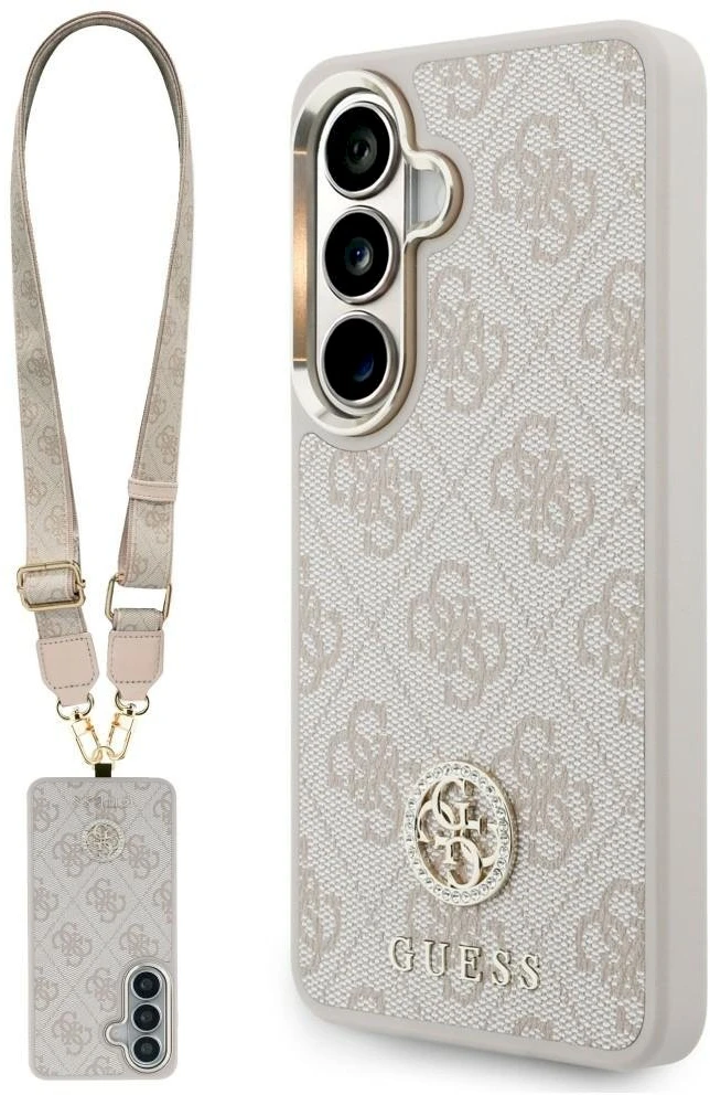 Dėklas Guess 4G Big Rhinestone Triangle Strap MagSafe for Samsung Galaxy S26 rožinės spalvos