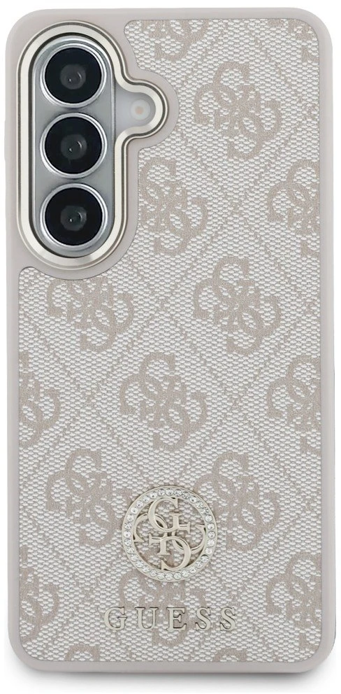 Dėklas Guess 4G Big Rhinestone Triangle Strap MagSafe for Samsung Galaxy S26 rožinės spalvos
