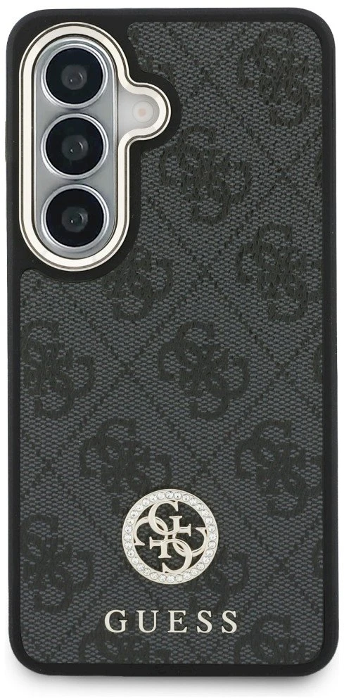 Dėklas Guess 4G Big Rhinestone Triangle Strap MagSafe for Samsung Galaxy S26 juodos spalvos