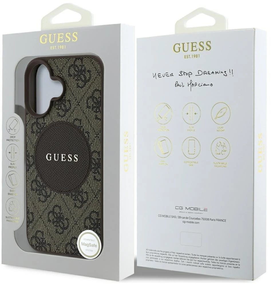 Guess 4G Circle Classic Logo MagSafe dėklas iPhone 16 - ruda