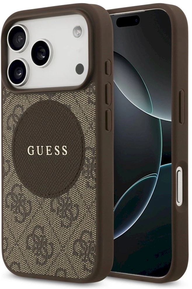 Original dėklas GUESS 4G Circle Classic Logo MagSafe skirtas Apple iPhone 17 Pro rudos spalvos