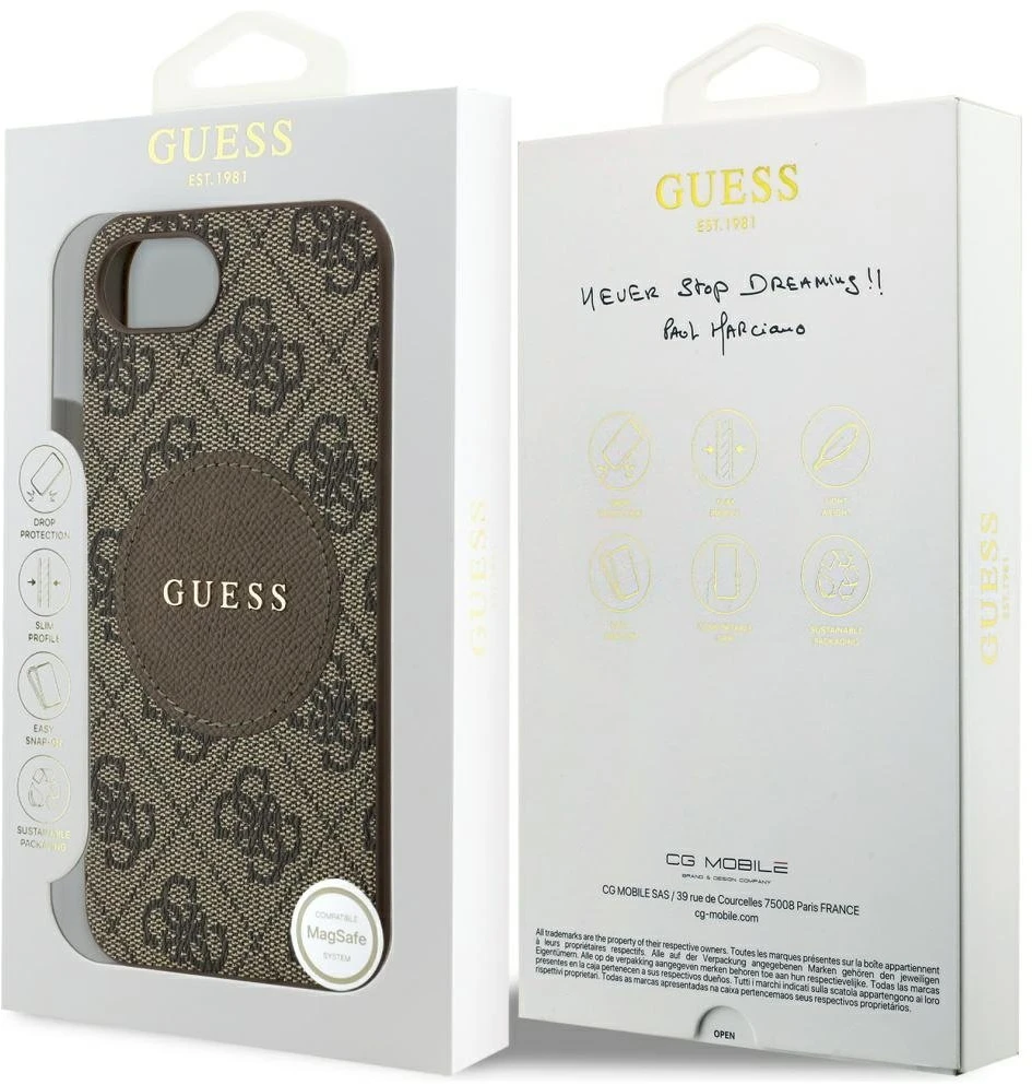 „Guess 4G Circle Classic Logo MagSafe“ dėklas, skirtas iPhone 16e - ruda