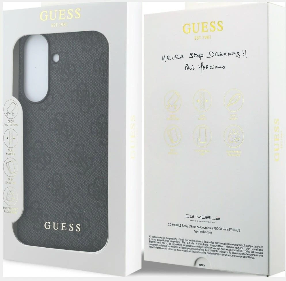 Guess PU 4G Metal Classic Logo dėklas skirtas Samsung Galaxy A37 pilkos spalvos