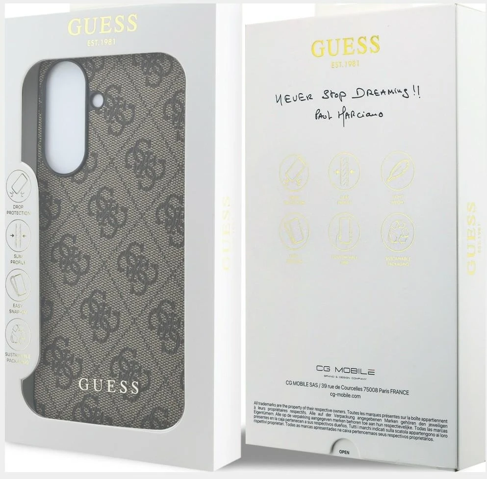 Guess PU 4G Metal Classic Logo dėklas skirtas Samsung Galaxy A57 rudos spalvos