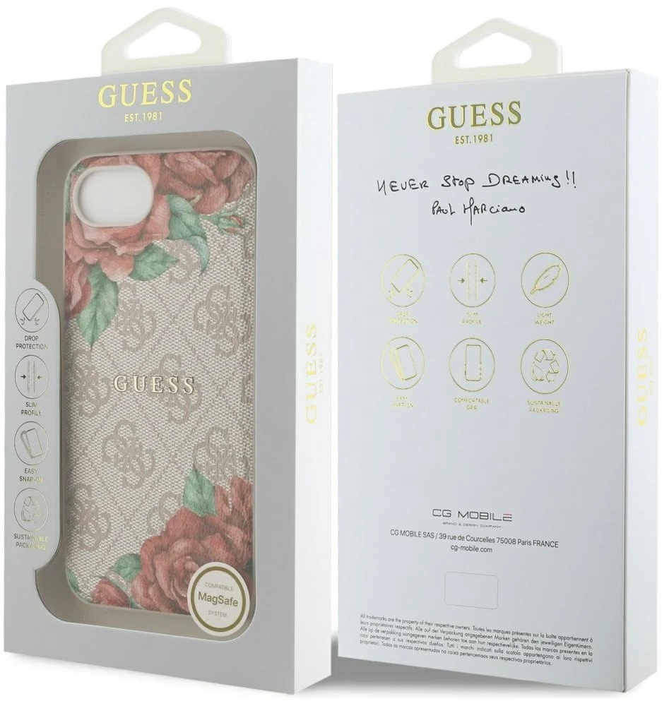 Guess 4G Flowers Print MagSafe iPhone 16e Dėklas - Rožinė