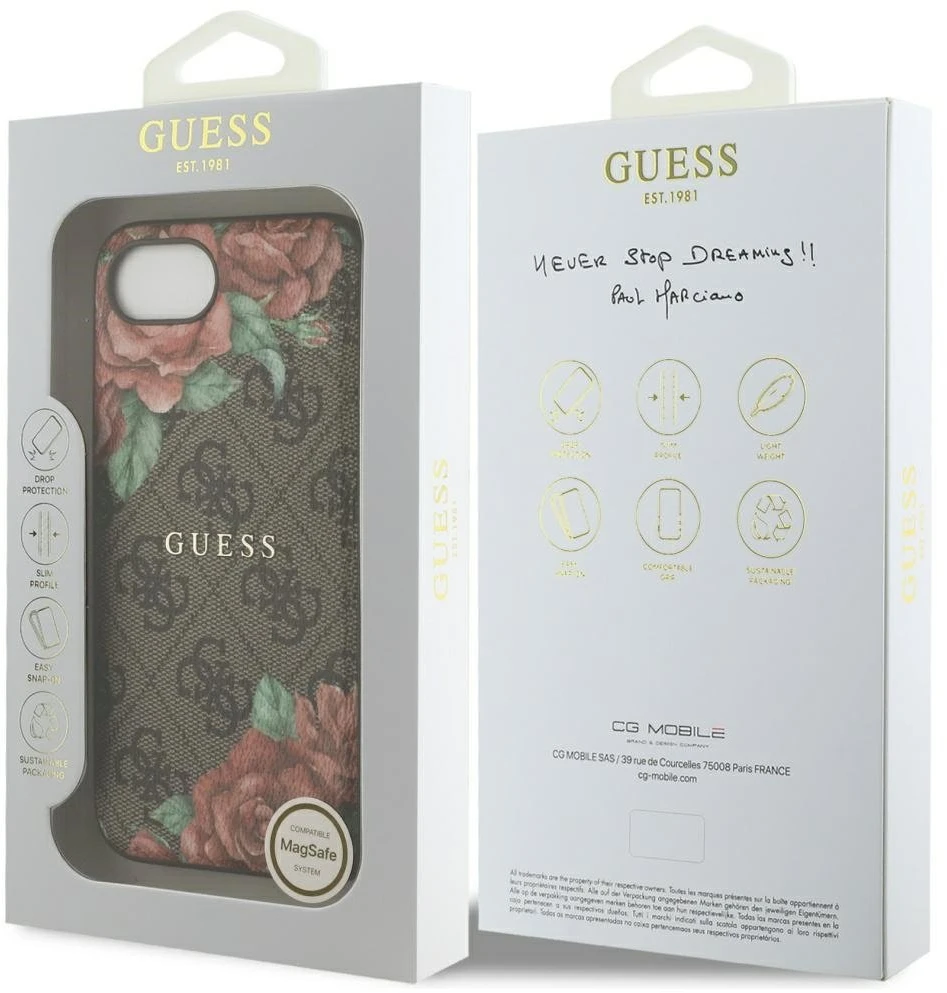 Guess 4G Flowers Print MagSafe dėklas iPhone 16e - ruda
