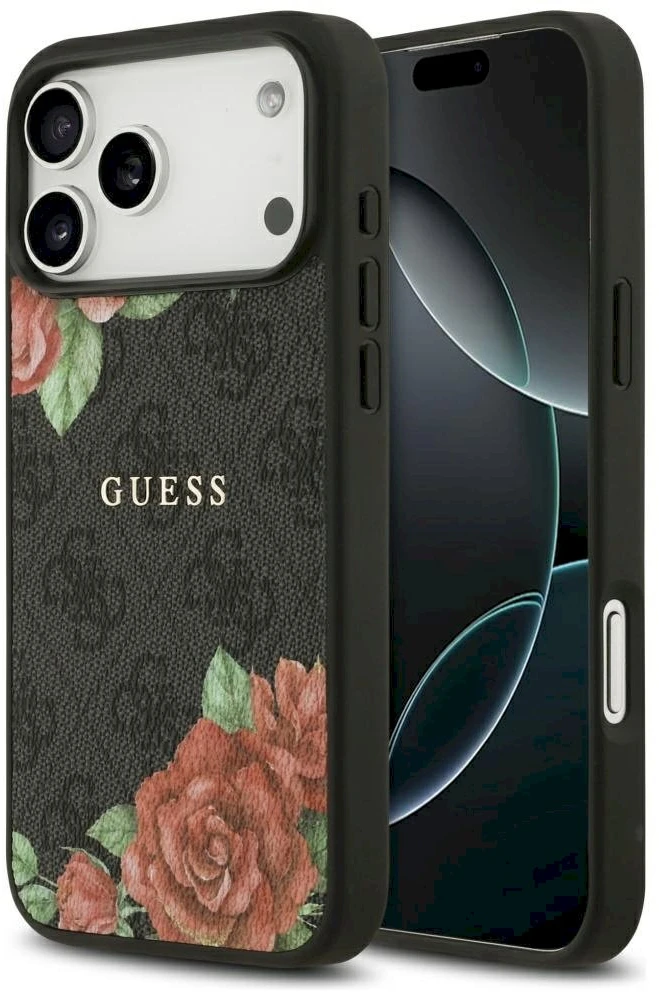 „Guess 4G“ gėlių rašto „MagSafe“ dėklas, skirtas „iPhone 17 Pro“ - juodas