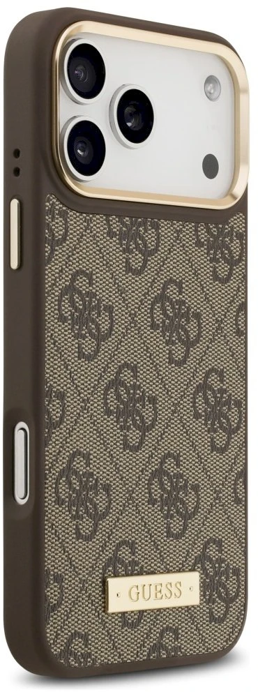 Guess 4G Logo Plate MagSafe dėklas Apple iPhone 17 Pro Max rudos spalvos