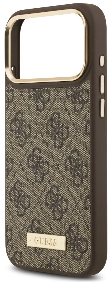 Guess 4G Logo Plate MagSafe dėklas Apple iPhone 17 Pro Max rudos spalvos