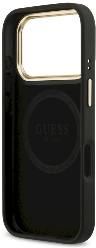 Guess 4G Logo Plate MagSafe dėklas Apple iPhone 17 Pro juodos spalvos