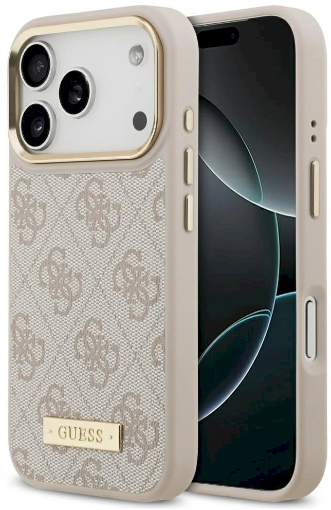 Guess 4G Logo Plate MagSafe dėklas Apple iPhone 17 Pro rožinės spalvos