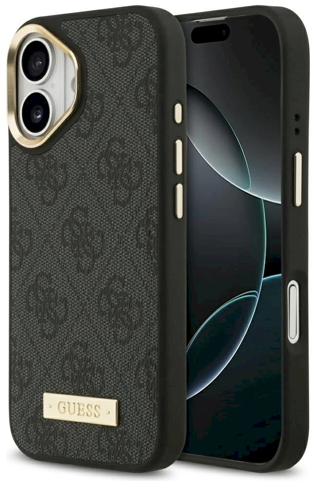 Guess 4G Logo Plate MagSafe dėklas skirtas Apple iPhone 17 juodos spalvos