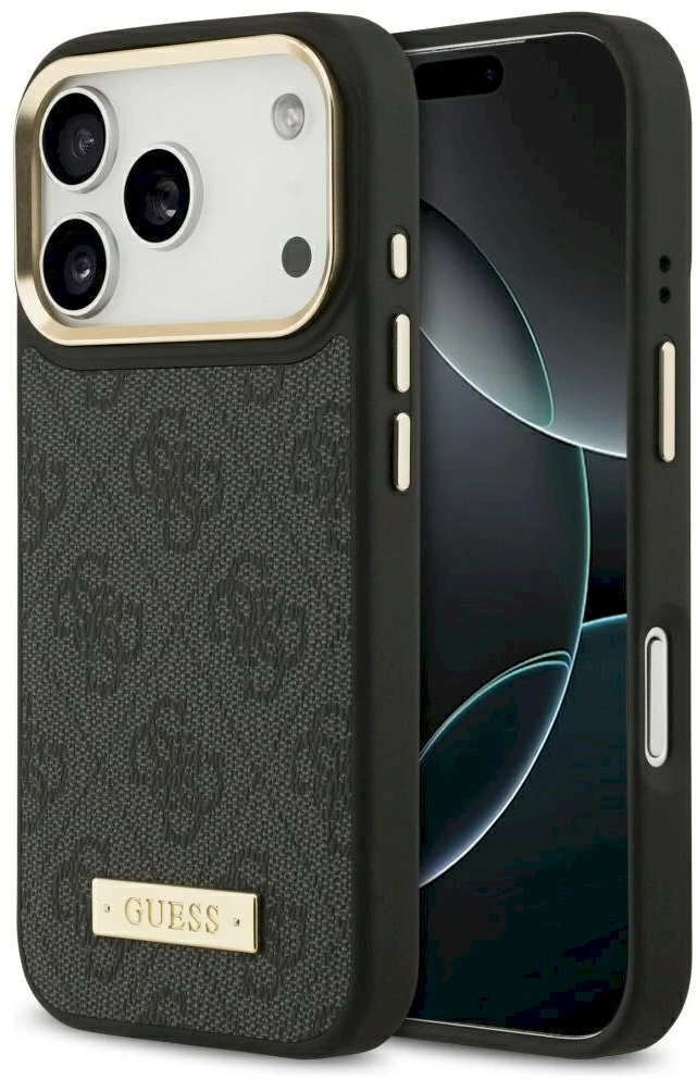 Guess 4G Logo Plate MagSafe dėklas Apple iPhone 17 Pro juodos spalvos