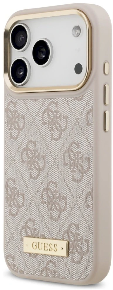Guess 4G Logo Plate MagSafe dėklas Apple iPhone 17 Pro rožinės spalvos