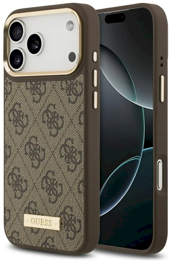 Guess 4G Logo Plate MagSafe dėklas Apple iPhone 17 Pro Max rudos spalvos